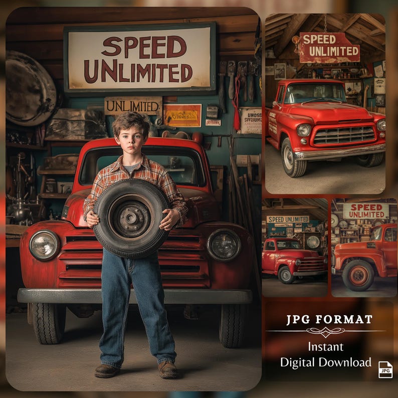 A boy holding a tire stands confidently in front of a vintage red truck under a Speed Unlimited sign. Surrounding images show different angles of the same setting, highlighting the truck's classic design and the detailed garage decor.