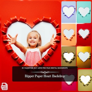 Ripper Paper Heart Background: 40 file PNG di San Valentino Love Digital Backgrounds, download digitale PNG Overlay Photo Edit, sfondo di San Valentino