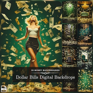 30 Dollar Sign Digital Backdrops: Raining Money Photo Backdrop with 100 Dollar Bills & Rich Luxury Photo Studio Props and Photo Manipulation