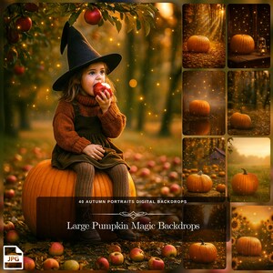 Könnte beinhalten: Ein Kind mit Hexenhut und Herbstkleidung sitzt auf einem großen Kürbis und isst einen Apfel. Das Bild enthält den Text "40 Autumn Portraits Digital Backdrops" und "Large Pumpkin Magic Backdrops". Äpfel liegen herum.