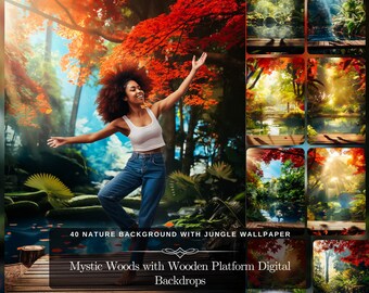 Mystic Woods with Wooden Platform Digital Backdrops: 40 Nature Background Jungle Wallpaper, Autumn Leaves & Lush Greenery for Photo Edit