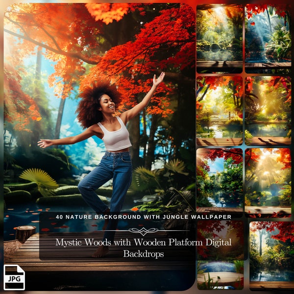 Mystic Woods with Wooden Platform Digital Backdrops: 40 Nature Background Jungle Wallpaper, Autumn Leaves & Lush Greenery for Photo Edit