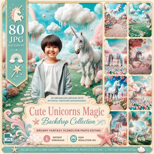 Cute Unicorns Magic Backdrop: 80 Giant Lollipops Cotton Candy Dreamland Designs with Mythical Creature Dreamy Landscape Photography Backdrop
