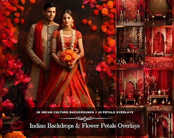 Indian Decor Seemantham Backdrop: 30 Traditional Backdrop Set with 10 Red Petals Overlays for Indian Wedding Fine Art Photography