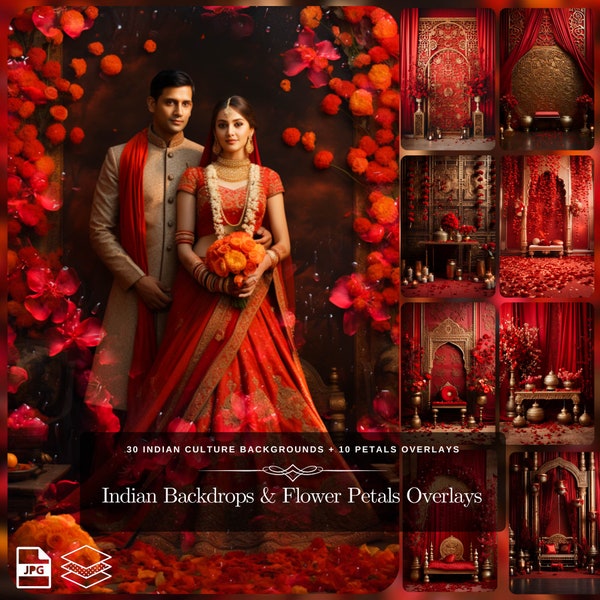 Indian Decor Seemantham Backdrop: 30 Traditional Backdrop Set with 10 Red Petals Overlays for Indian Wedding Fine Art Photography