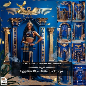 May include: 40 Egyptian style digital backgrounds in blue and gold. The backgrounds feature ornate columns, arches, and hieroglyphics. The text "Egyptian Blue Digital Backdrops" is at the bottom of the image.