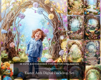 Osterbogen Digital Backdrop Set: 30 Oster-Bundle von Fine Art Backdrop mit Ostereiern & Frühlingsgartendekor - Oster-Kids-Composite-Foto