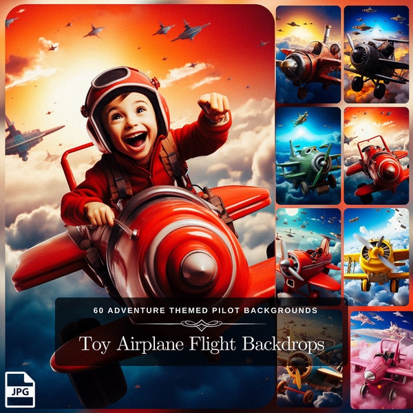 Pack de vol d’avion jouet : 60 arrière-plans de pilote sur le thème de l’aventure, décor aéronautique et arrière-plans de ciel d’avion pour spectacle aérien, téléchargement numérique