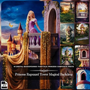 Princess Rapunzel Tower Magical Backdrop: 40 Digital Backgrounds for Fairytale Princess Composite Photo, Portrait from Photo JPG Files