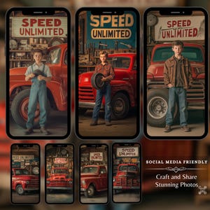 Social media-friendly digital backdrops showcasing a young boy holding a tire in front of a vintage red truck in a retro garage. The Speed Unlimited sign and nostalgic setting create an ideal backdrop for crafting stunning photos with a classic car.