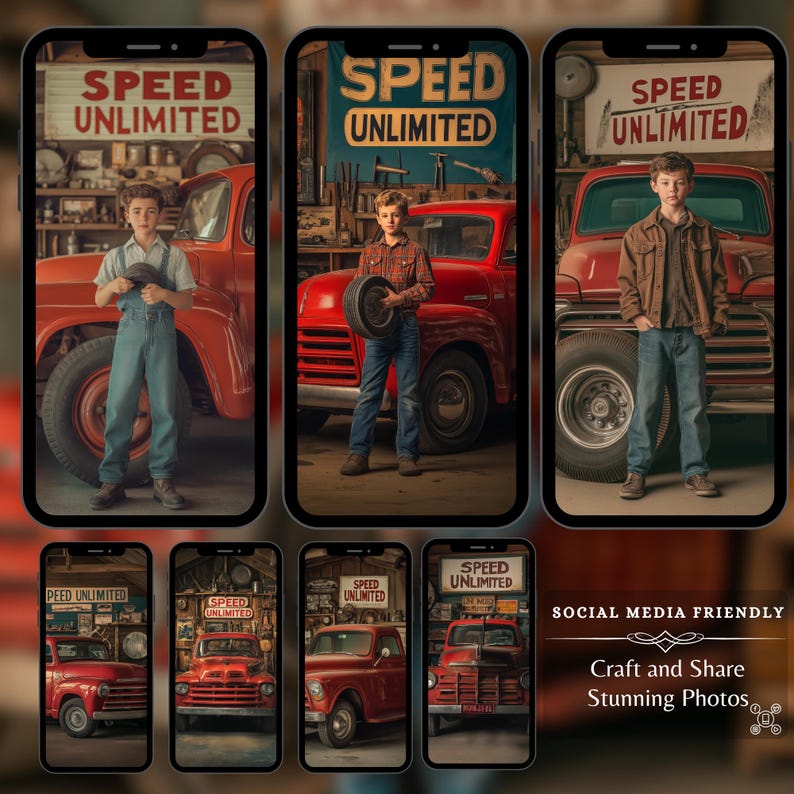 Social media-friendly digital backdrops showcasing a young boy holding a tire in front of a vintage red truck in a retro garage. The Speed Unlimited sign and nostalgic setting create an ideal backdrop for crafting stunning photos with a classic car.