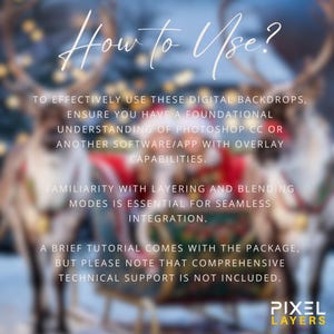 Clear and vibrant jpg file showing the large dimensions and printable quality of the Christmas backdrop. This digital download is ideal for both professional and personal photo edits, featuring Santa's sleigh and a snowy reindeer setting.