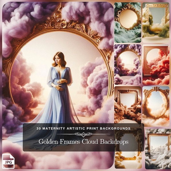 Golden Frames Cloud Art: 30 Backdrops Artistic Print Maternity Overlays for Elegant Photo Background, Fine Art Photography, Instant Download