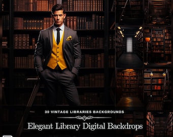 30 Vintage Library Backdrop for School-Themed and Elegant Composite Photography with Vintage Bookshelf Digital Background