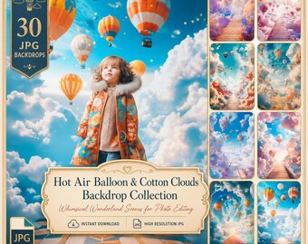 Hot Air Balloon & Cotton Clouds Digital Backdrops: 30 Playful Party Props of Whimsical Wonderland Children Backdrops Pastel Art JPG Files