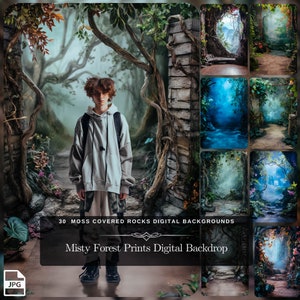 Digital product showcasing 30 moss-covered rocks digital backgrounds titled Misty Forest Prints Digital Backdrop, including a sample with a young person standing in a forest-themed studio set, perfect for photographers and digital artists.