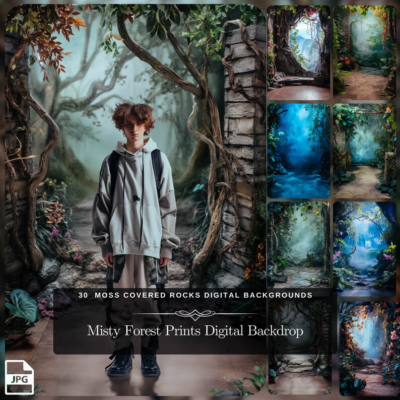 Digital product showcasing 30 moss-covered rocks digital backgrounds titled Misty Forest Prints Digital Backdrop, including a sample with a young person standing in a forest-themed studio set, perfect for photographers and digital artists.