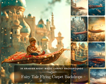 Fairy Tale Flying Carpet Digital Art - 30 Photo Backdrop set for Photo Editing with Arabian Nights Story Book Enchanting Cityscape