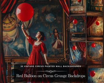 Rode ballon op grunge achtergrond geschilderde muur: 30 digitale download retro afdrukbare circussjablonen, theatrale rekwisieten voor achtergrondmodel