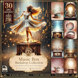 Music Box Stage Background: 30 Ballerina Music Box and Jewelry Box Graphic Design with Music Notes for Editing Images Symphony Poster