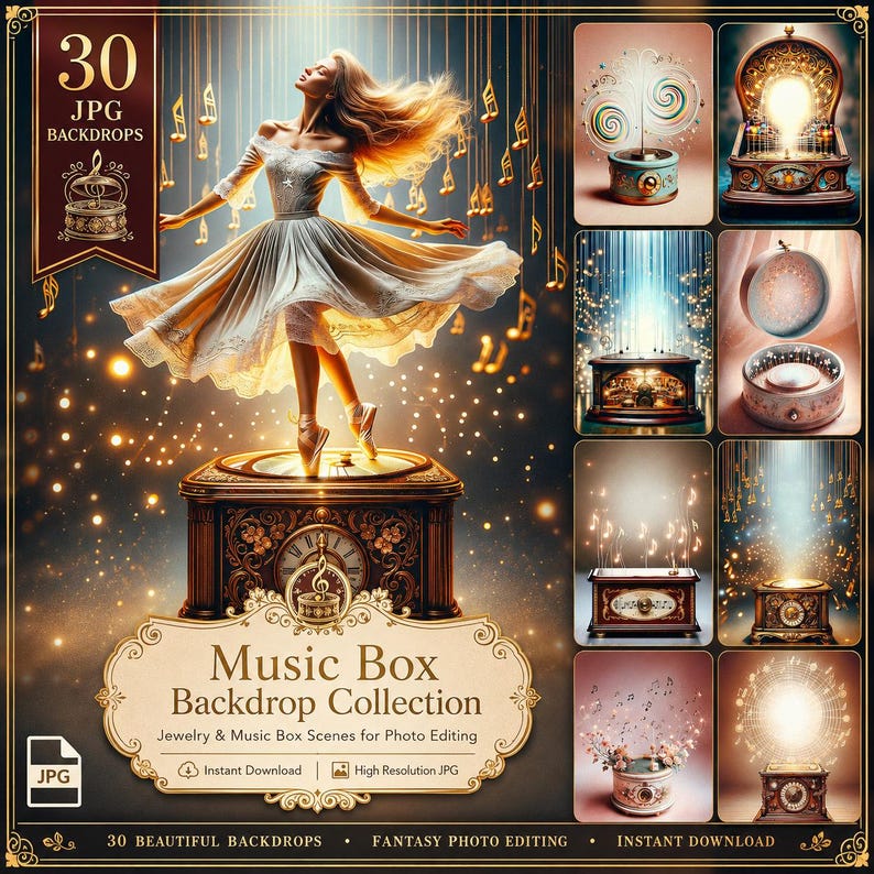 Music box digital backdrop with ballerina, glowing notes and vintage jewelry box scenes, JPG background for dance portraits, recital edits, fantasy photos and instant download for creatives instantly.