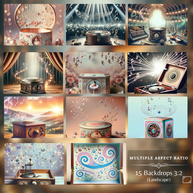 Landscape-oriented music box backdrops, each radiating a unique essence of musical beauty, perfect for diverse creative compositions.