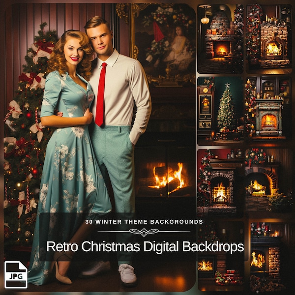 Retro Christmas Fireplace Backdrop for Xmas Digital Photography Studio – Create a Festive Winter Atmosphere with Holiday-themed Backgrounds