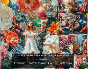 Übergroße Blumen Kawaii Decor Urban Garden: 30 Teich Pflanzen Magische Kunst Digitale Kulissen Lebendige Farben Hintergrundbilder JPG Dateien