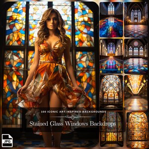 May include: A woman in a colorful dress stands in front of a stained glass window. The image is a collage of 100 iconic art inspired backgrounds, featuring stained glass windows. The text "100 Iconic Art Inspired Backgrounds" and "Stained Glass Windows Backdrops" is visible at the bottom of the image.