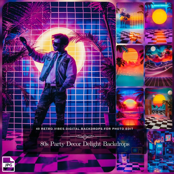 80s Party Decor Delight: 40 Retro Vibes Digital Backdrops with Laser Beams, Synthwave Art for Your Photo Edit Instant Download JPG Files