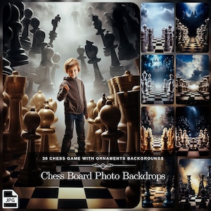 May include: A young person stands in front of a large chess set with a variety of backgrounds featuring chess pieces on a board. The text "30 Chess Game with Ornaments Backgrounds" and "Chess Board Photo Backdrops" is displayed on the image.