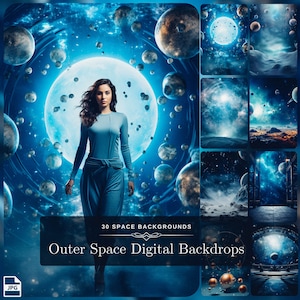 May include: A collage of 30 digital backgrounds featuring outer space scenes. The backgrounds include nebulae, planets, stars, and galaxies. The text "30 SPACE BACKGROUNDS" and "Outer Space Digital Backdrops" is displayed at the bottom of the collage.
