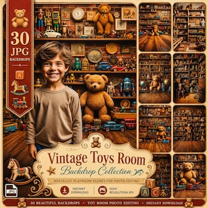 Fondo fotográfico de estilo vintage para sala de juegos infantiles: 30 animales de peluche y ositos de peluche para fotografía de Project Playtime (descarga digital)