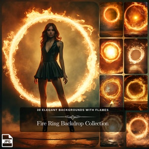 May include: A collection of 30 digital backgrounds featuring a fiery ring backdrop. The backgrounds are perfect for adding a dramatic and magical touch to your photos and designs.  The backgrounds are in JPG format.