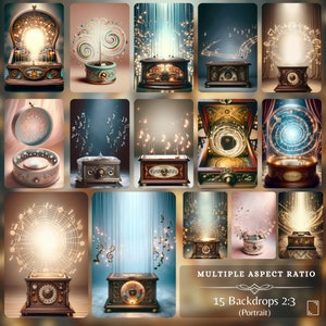 An array of portrait-oriented music box backdrops, filled with swirling notes and mystical lights, designed to bring life to any creative project.