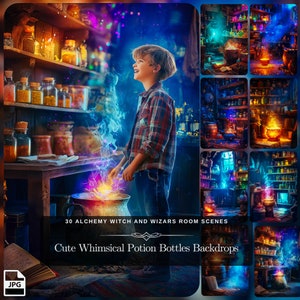 May include: A young boy wearing a plaid shirt and jeans stands in front of a cauldron with colorful smoke rising from it. The cauldron is in a room with shelves filled with potion bottles and other magical items. The text "30 Alchemy Witch and Wizards Room Scenes" and "Cute Whimsical Potion Bottles Backdrops" is visible at the bottom of the image.