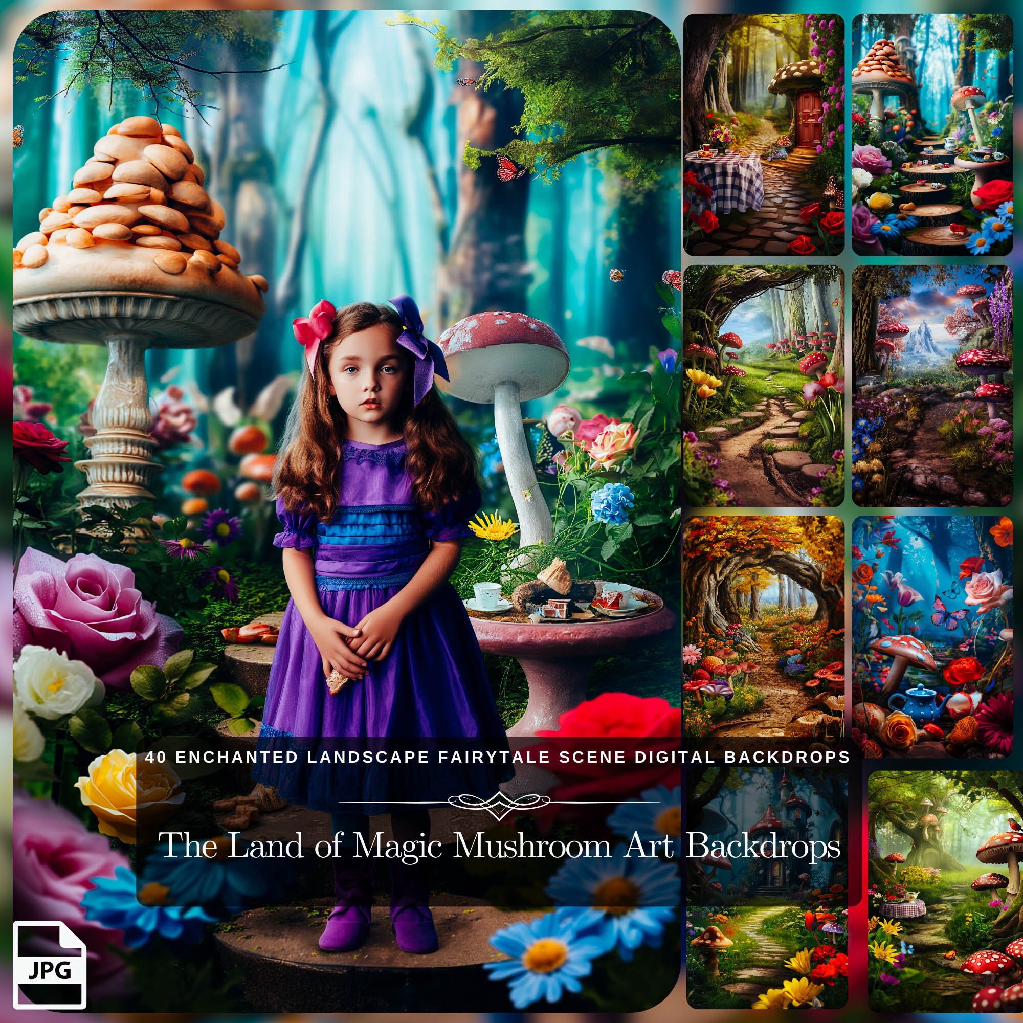 Art du champignon magique du pays : 40 décors numériques de scène de conte de fées de paysage enchanté pour des fichiers JPG numériques de modification de photo de forêt de fées