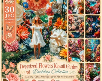 Extra grote bloemen, kawaii decoratie, stadstuin: 30 vijverplanten, magische kunst, digitale achtergronden, levendige kleuren, achtergrondafbeeldingen, JPG-bestanden