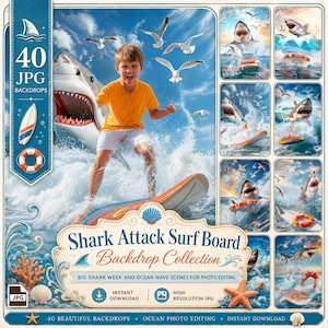 Shark Attack Surf Board Digital Backdrop: 40 Big Shark Week and Ocean Waves Digital Photo Props for Ocean Life Funny Photo Edit