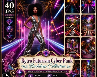 Retro-futuristische decoratie, cyberpunk: 40 digitale neonachtergronden met neonpalmbomen en stadslichten, sciencefiction-rekwisieten voor een fotobewerking in discostijl.
