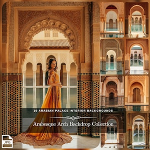 May include: A woman in a yellow and gold dress stands in a doorway with intricate archways and tiled walls. The text "30 Arabian Palace Interior Backgrounds" and "Arabesque Arch Backdrop Collection" is visible at the bottom of the image.