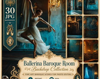 Ballerina Print Showcase: 30 Fairycore kunstachtergronden, digitale achtergronden met barokke afbeeldingen van theaterpodia voor kunstprints