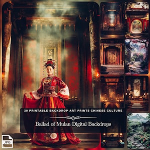 Könnte beinhalten: Ein digitales Hintergrundbild-Set mit 30 druckbaren Bildern, inspiriert von der chinesischen Kultur. Die Bilder zeigen verschiedene Szenen aus einem traditionellen chinesischen Palast, darunter eine Frau in einem roten Kleid, eine rote Tür und einen Gartenweg.