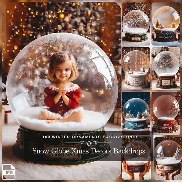 Snow Globe Xmas Decors Background Mockup: 100 Snowglobe Ornament with Merry Christmas Winter Backgrounds for Child Photography Holiday Edit