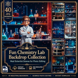 Fondos digitales de laboratorio de química: 40 archivos JPG de científicos locos para niños de la escuela para edición de fotos de regalos científicos, pintura de arte científico, escenas digitales