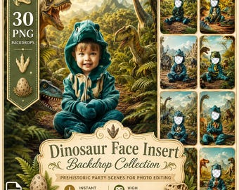 Bewerkbare achtergrond met dinosaurusgezicht en prehistorische kunst: 30 digitale achtergronden met gezichtsinzet, perfect voor een prehistorisch feestje - kinderen zijn er dol op!
