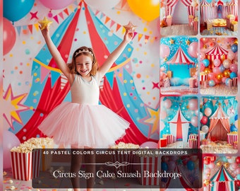 Zirkus Kuchen Hintergrund: 40 Pastellfarben Zirkuszelt Digitale Kulissen mit Popcorn-Druck Geburtstagshintergrund Fotostand JPG-Dateien
