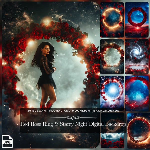 Red Roses Glowing Ring & Starry Night Digital Backdrop: 30 Glowing Ring Floral Aesthetic Mystical Moon Photo Edit JPG Files Instant Download