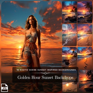 Könnte beinhalten: Eine Sammlung von 90 sonnenuntergangs-inspirierten digitalen Hintergründen mit verschiedenen Strandszenen mit Palmen, goldenem Himmel und Ozeanwellen. Der Text "Golden Hour Sunset Backdrops" ist auf dem Bild zu sehen.