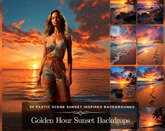 Gouden uur zonsondergang achtergrond: 90 exotische scène palmbomen kustdecor majestueuze achtergrond - zonsondergang kunst fotobewerking spectaculaire achtergronden